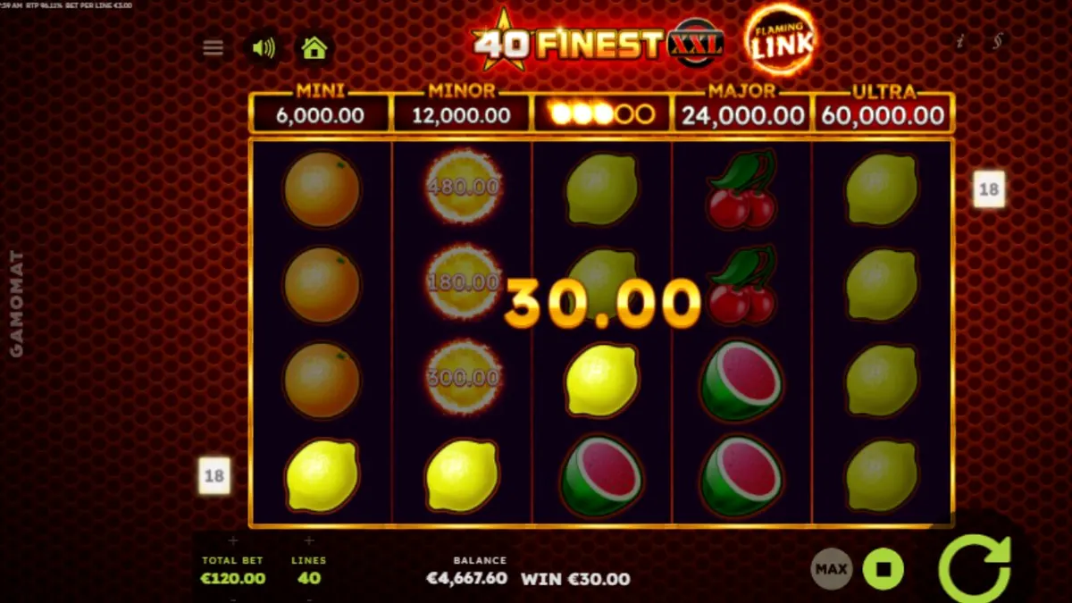 Interface neon vibrante do slot 40 Finest XXL Flaming Link com símbolos de frutas brilhantes